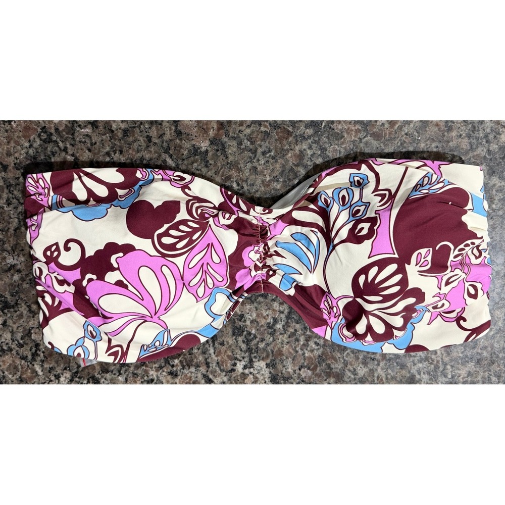 Loft Beach Floral Bandeau Bikini Top XL Burgundy Pink‎ Blue Removable Strap NEW